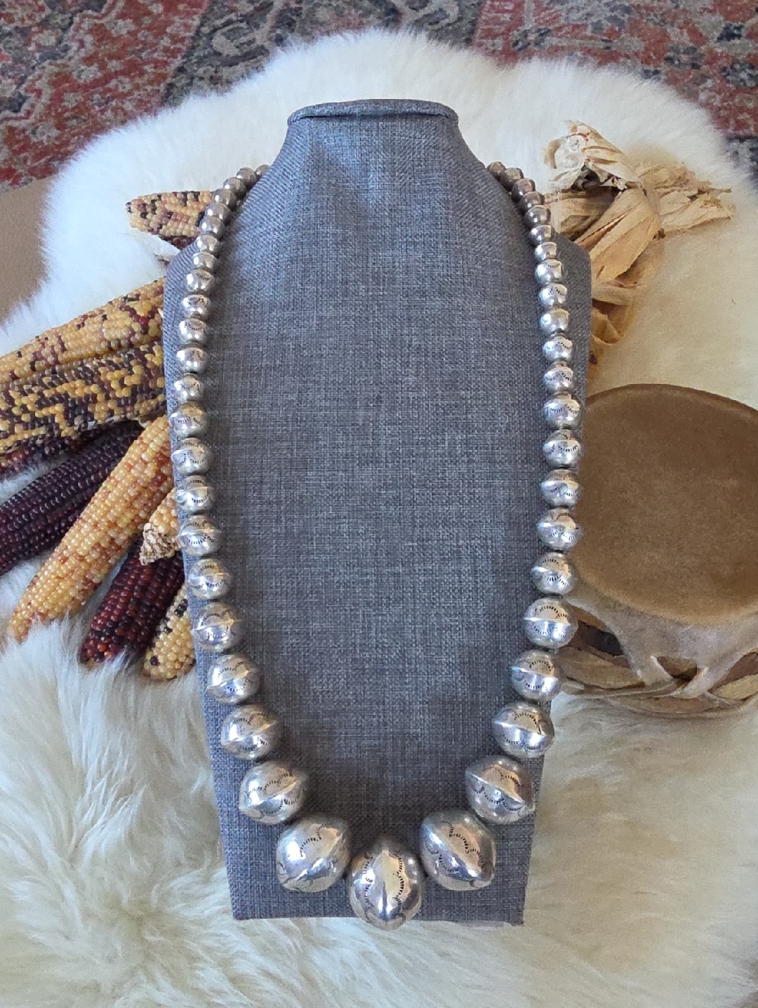 Fabulous Vintage Native American Navajo Large Handmade Sterling Pearl Necklace